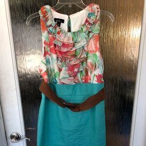 Floral knee length dress with ruffles and belt